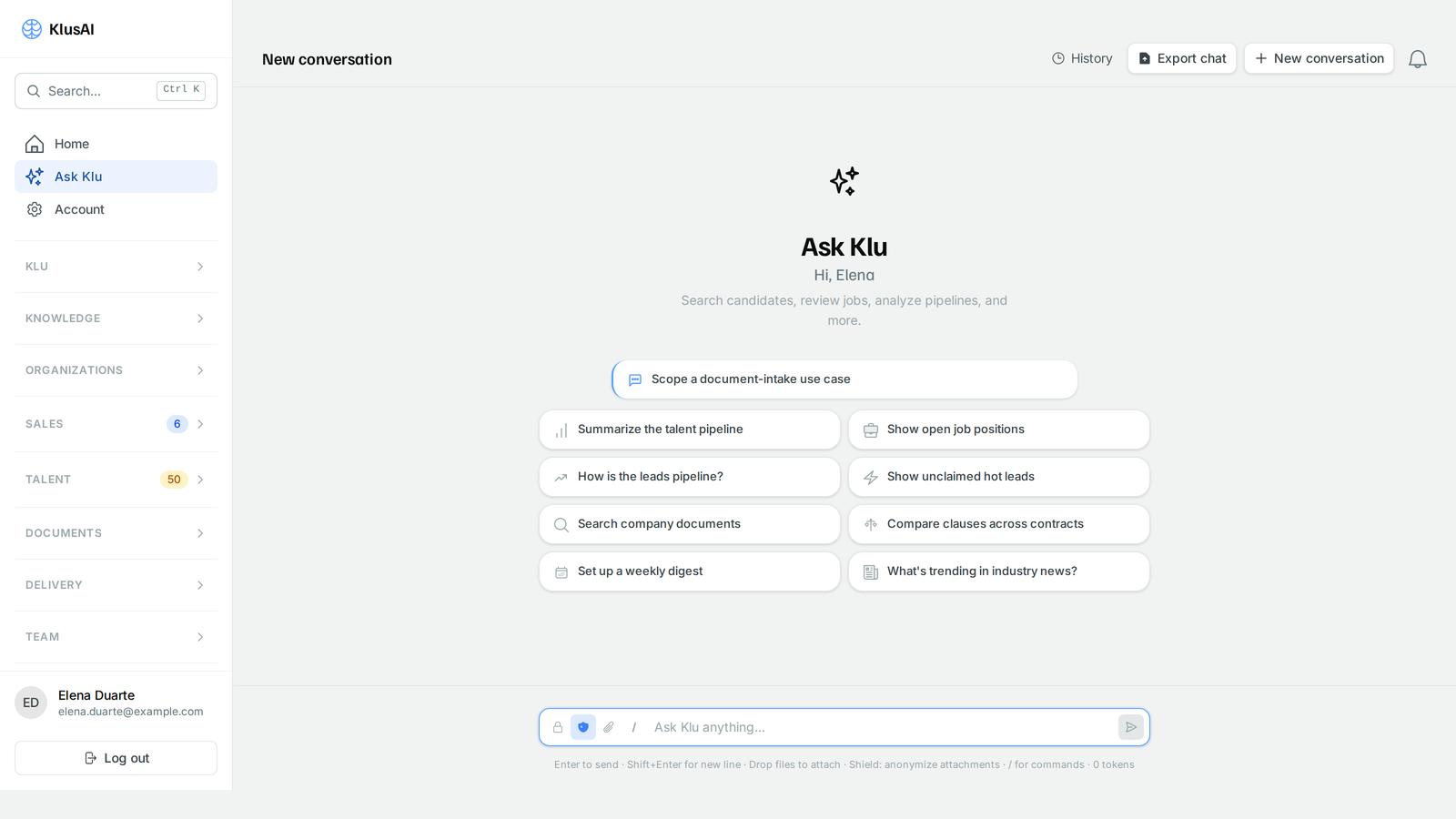 Klu's start screen, Ask Klu, with suggestion chips including Search company documents, Compare clauses across contracts and Set up a weekly digest.
