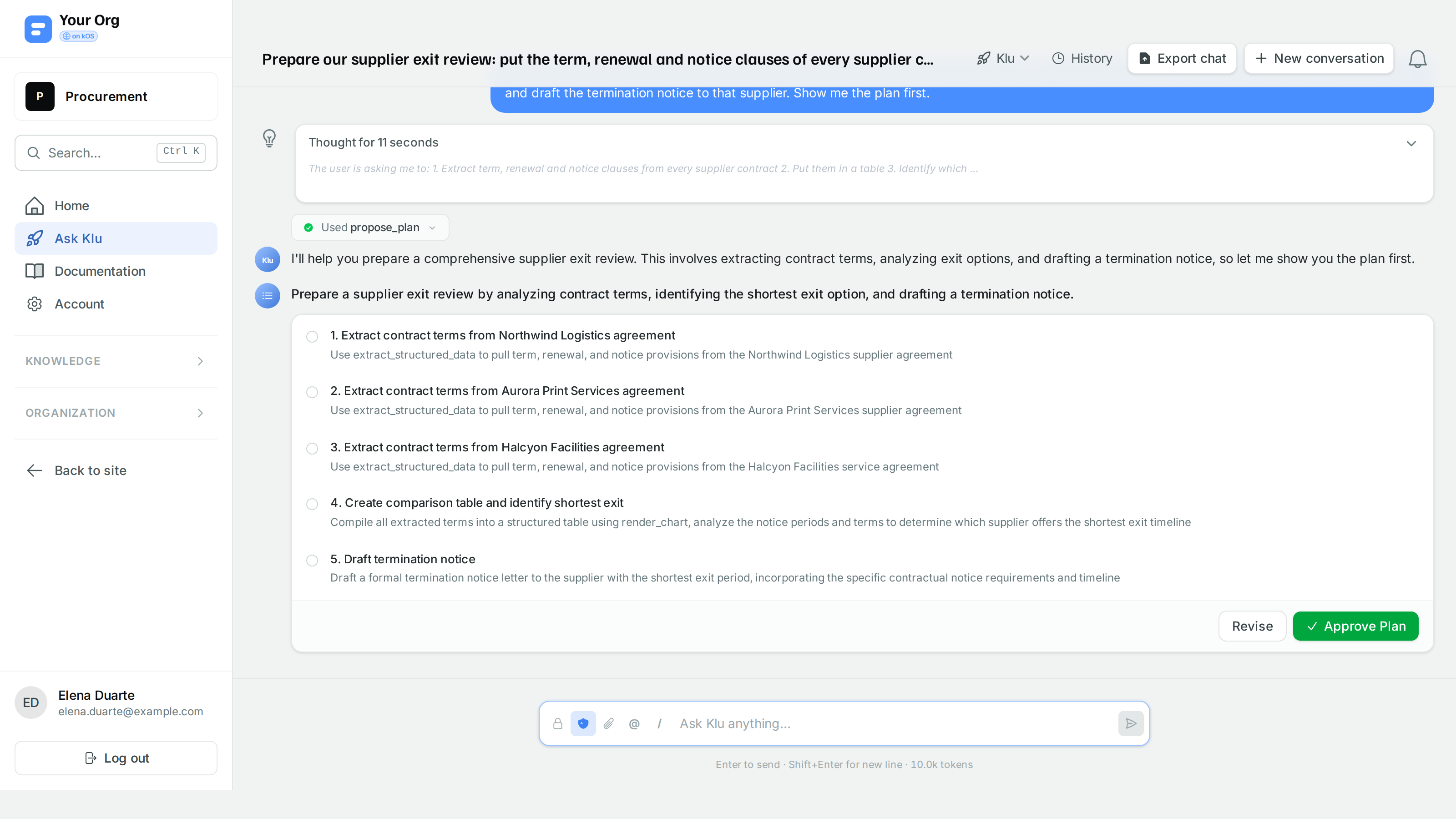 Klu proposes a five-step plan for a supplier exit review: extract the terms of three supplier contracts, compare them, and draft the termination notice. It waits for Approve Plan or Revise.